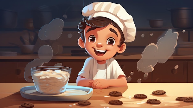 A vector cartoon kid in a chefs hat and apron