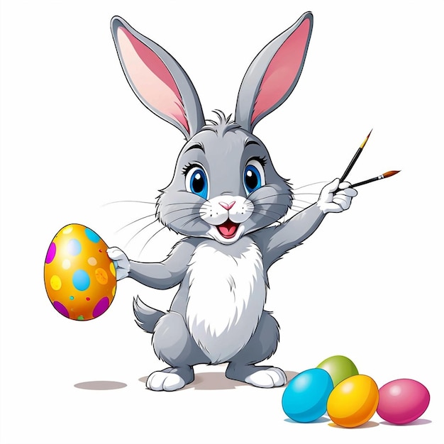 Vector cartoon rabbit painting an easter egg