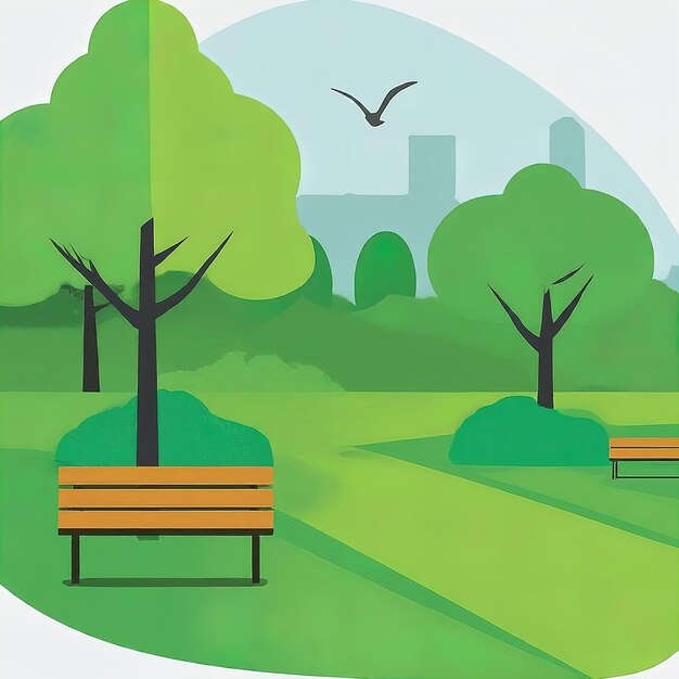 vector cartoon style landscape with bench in the park with green tree bench birds and bench