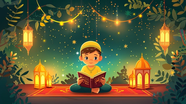 the vector of a child reading Quran with background full of ramadhan decoration