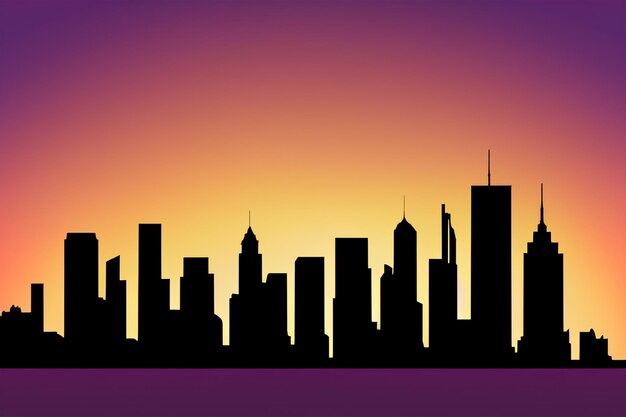 vector City Skyline Silhouette Merging with the Colors of Evening Sky