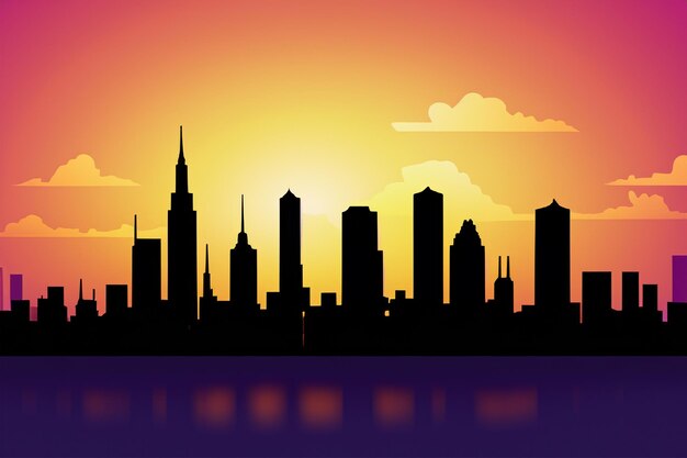 vector City Skyline Silhouette Merging with the Colors of Evening Sky