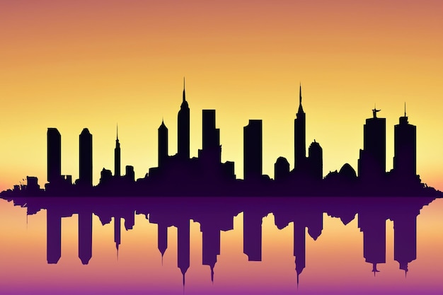 vector City Skyline Silhouette Merging with the Colors of Evening Sky