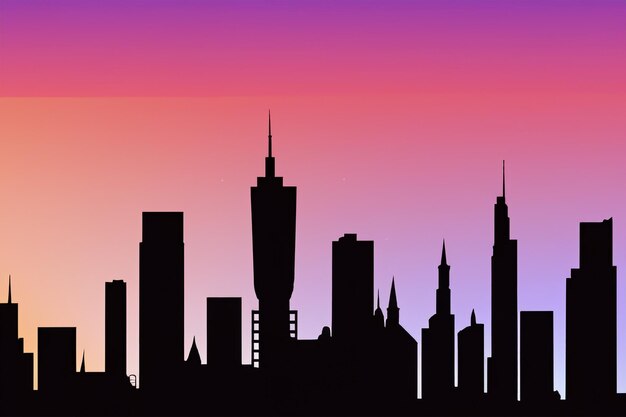 vector City Skyline Silhouette Merging with the Colors of Evening Sky