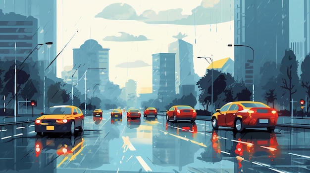 vector city street traffic on rainy day vector car