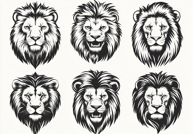 Photo vector collection of black and white lion head illustrations isolated on white background generated ai