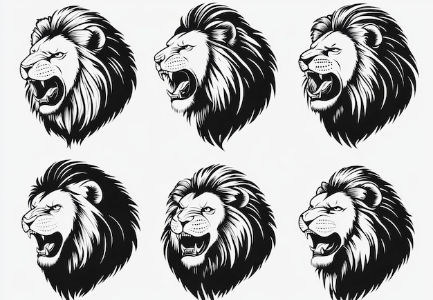 Vector collection of black and white lion head illustrations isolated on white background generated AI