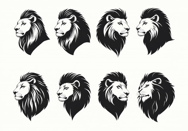 Vector collection of black and white lion head illustrations isolated on white background generated AI