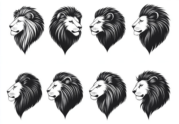 Photo vector collection of black and white lion head illustrations isolated on white background generated ai