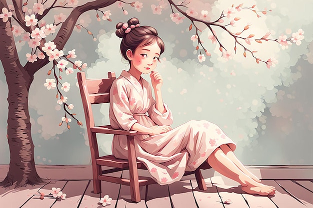 Vector cute girl sitting on chair illustration