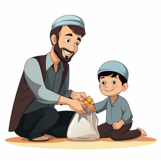 Photo vector cute muslim boy giving zakat to cartoon people