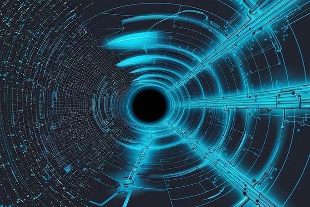 Photo vector cyber futuristic speed tunnel scifi blue wormhole matrix technology decoder abstract 3d wireframe portal with connections lines and dots data flow technology funnel with dots