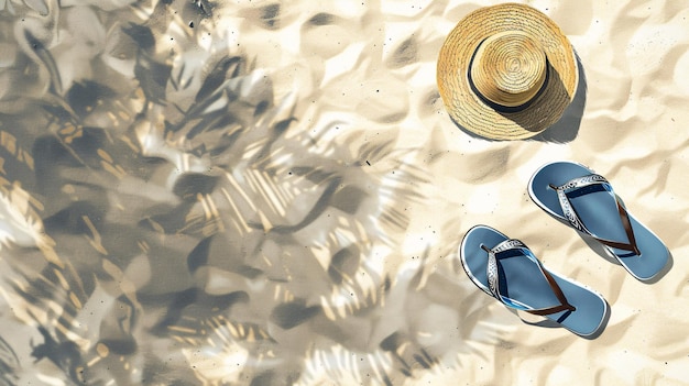 Vector depiction of a summer beach vibe with flip flops and a straw hat laid on sand seen from above designed with generous copy space for creative additions