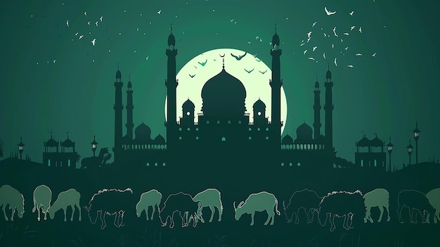 A vector design for the Eid alAdha event with a shadow of an Islamic beautiful mosque