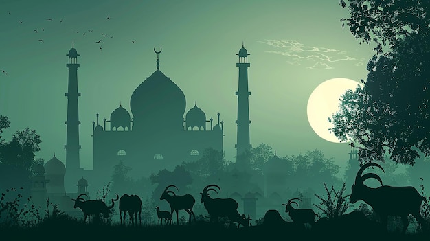 A vector design for the Eid alAdha event with a shadow of an Islamic beautiful mosque