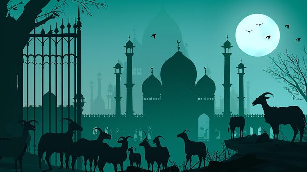 A vector design for the Eid alAdha event with a shadow of an Islamic beautiful mosque