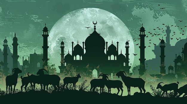 A vector design for the Eid alAdha event with a shadow of an Islamic beautiful mosque