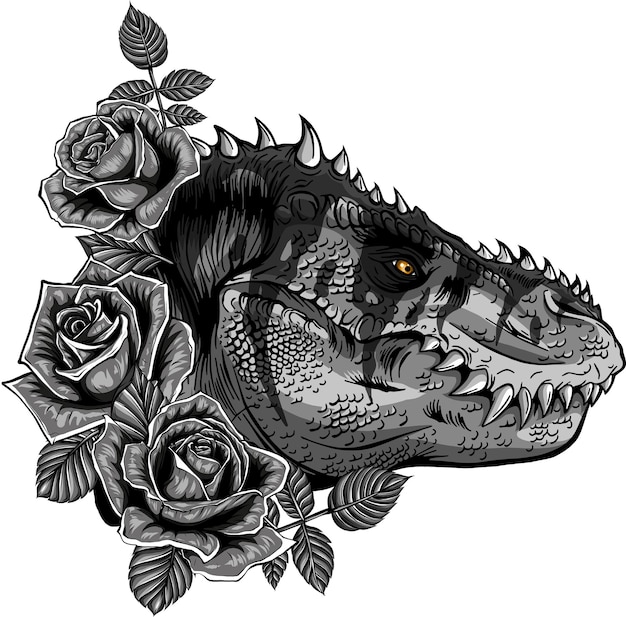 Photo vector dinosaurus tyrannosaurus rex head dinosaur and roses frame