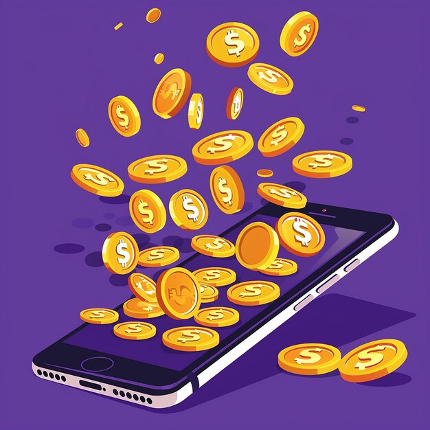 Photo vector dollars gold coins falling from the phone on purp