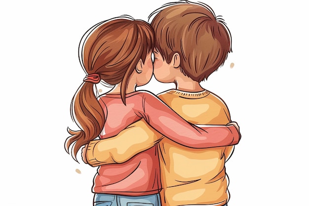 Vector drawing of a boy and girl seen from behind standing closely and hugging each other with a clean white background