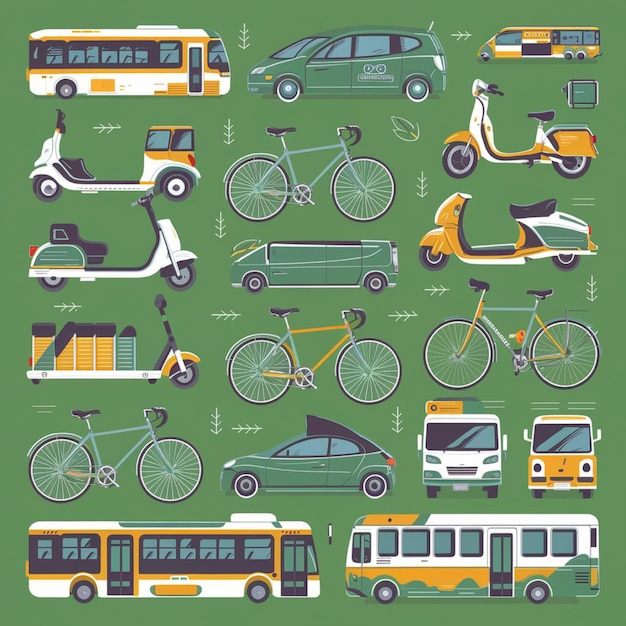 Photo vector of ecofriendly transportation options like bicycles electric scooters and public transit