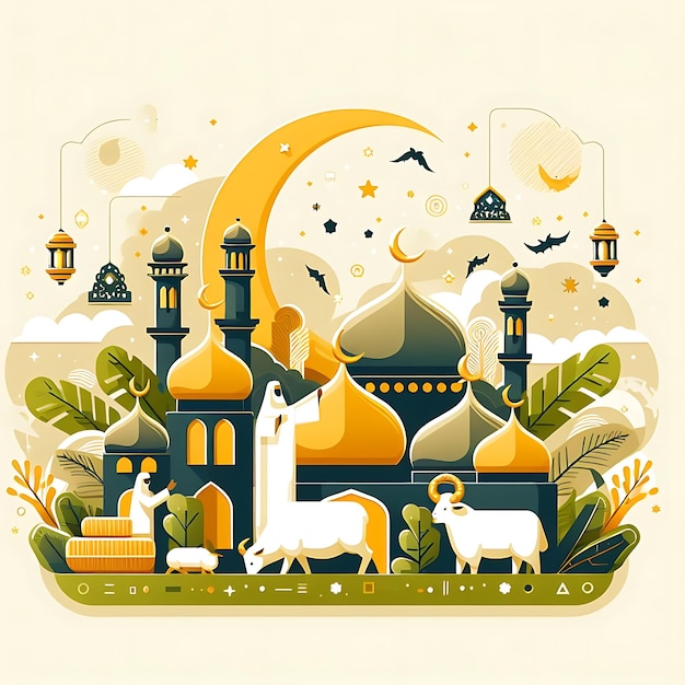 vector eid al adha a picture of a building with a moon and animals on it