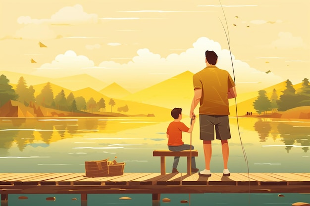 vector Father and son fishing together