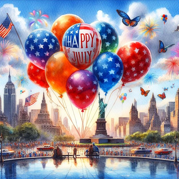 Vector Fourth of July Design on city Background Balloon flying Celebration Banner template