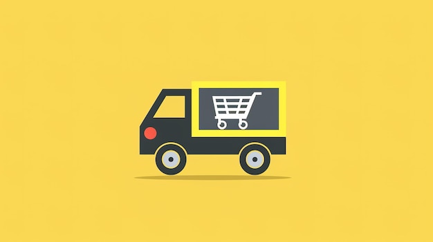 Vector of a free delivery truck with a shopping cart icon on a solid yellow background