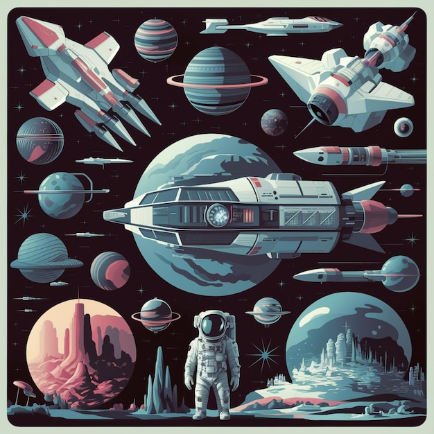 vector of futuristic spacecraft astronauts and alien landscapes