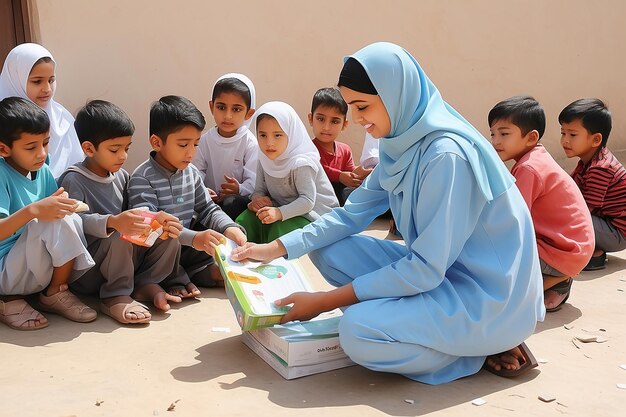 vector graphic illustration of social assistance activities for orphans is one of the routine activities in the month of Ramadan