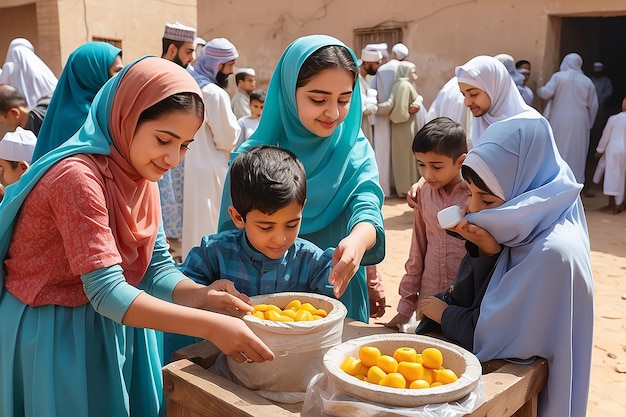 vector graphic illustration of social assistance activities for orphans is one of the routine activities in the month of Ramadan