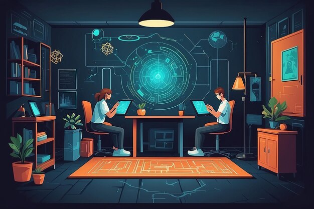 a vector graphic of students participating in a virtual escape room solving scientific puzzles vector illustration in flat style