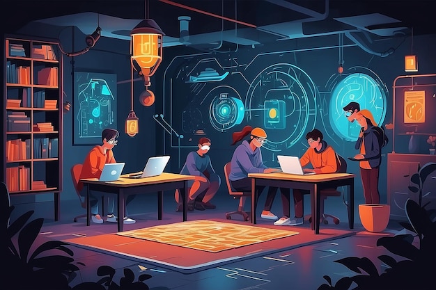 a vector graphic of students participating in a virtual escape room solving scientific puzzles vector illustration in flat style