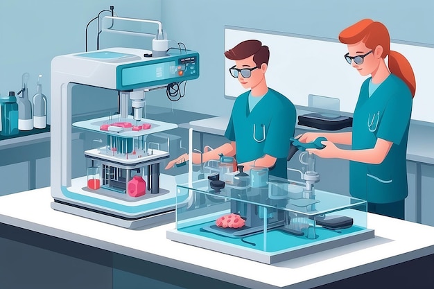 a vector graphic of students using 3D bioprinters to create artificial organs for medical research vector illustration in flat style