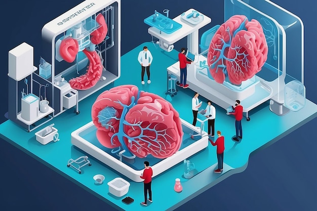 a vector graphic of students using 3D bioprinters to create artificial organs for medical research vector illustration in flat style