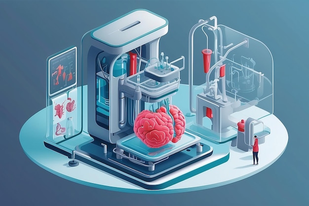 a vector graphic of students using 3D bioprinters to create artificial organs for medical research vector illustration in flat style