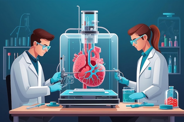 a vector graphic of students using 3D bioprinters to create artificial organs for medical research vector illustration in flat style