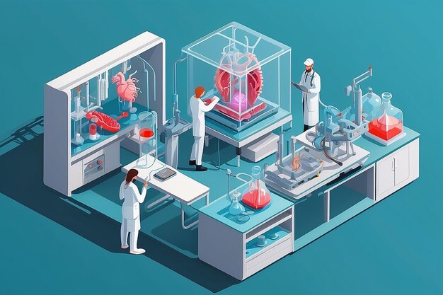 a vector graphic of students using 3D bioprinters to create artificial organs for medical research vector illustration in flat style