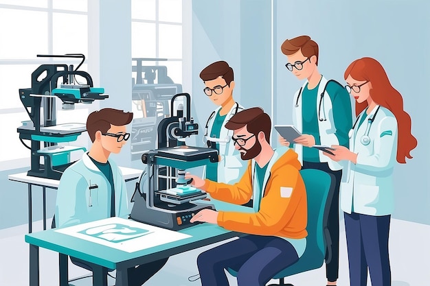 a vector graphic of students using 3D printers to create models for medical prosthetics vector illustration in flat style