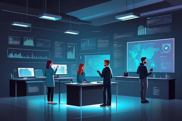 a vector graphic of students using holographic displays for data visualization in the lab vector illustration in flat style