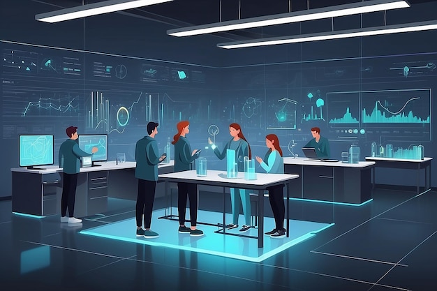 a vector graphic of students using holographic displays for data visualization in the lab vector illustration in flat style