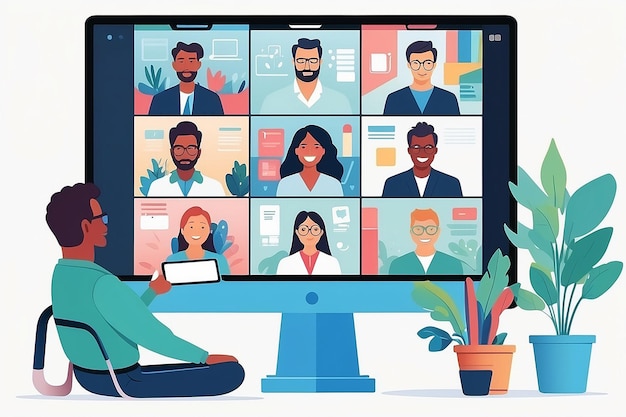 Vector of a group of people having a video conference call on computer screen taking with colleagues