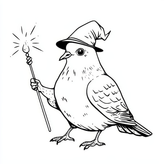 Photo vector hand drawn illustration of a pigeon in a hat with a magic wand