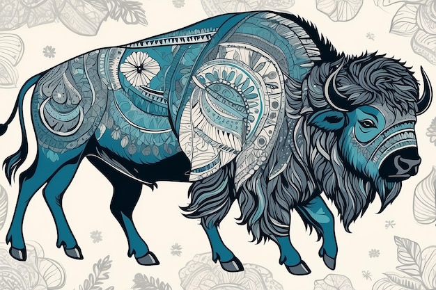 vector hand drawn seamless pattern with bison in the style of boho or hippy