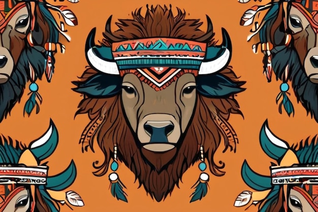 vector hand drawn seamless pattern with bison in the style of boho or hippy