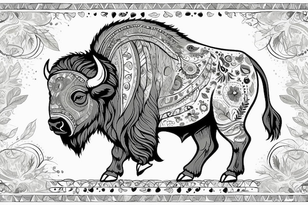 vector hand drawn seamless pattern with bison in the style of boho or hippy