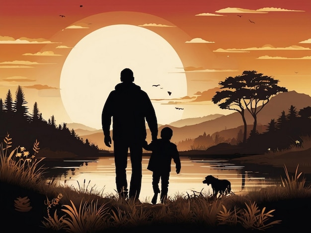 Vector happy Fathers Day playing with Hood nature silhouette travel