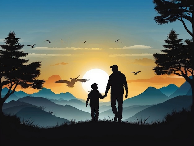 Vector happy Fathers Day playing with Hood nature silhouette travel