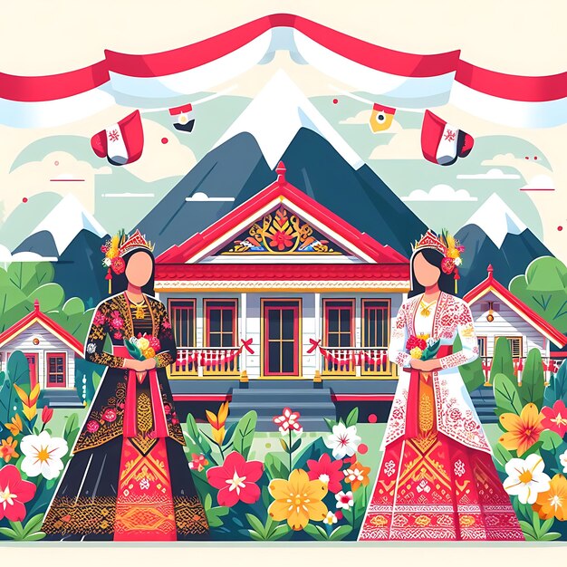 vector hari kartini a painting of two women in traditional dress with a mountain in the background